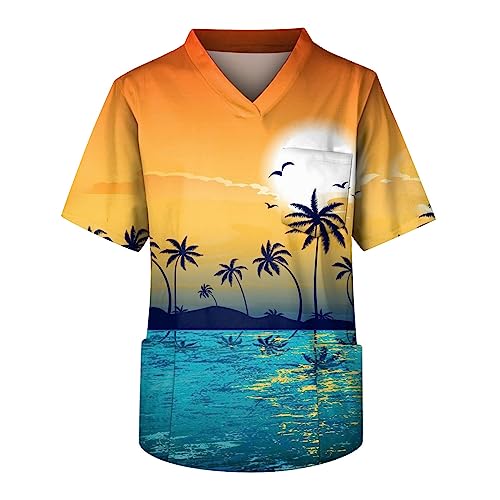 DHYUEN Pflege Uniform Mit Brusttasche Basic Krankenpfleger Uniformen Arbeitskittel Herren Kurzarm Schlupfjacke Arzt Kostüm Atmungsaktive Herren Kasacks Lang Krankenhaus Pflegebekleidung（3-Orange，M） von DHYUEN