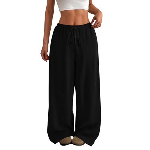 DHYUEN Radfahrhose Damen Verstellbare Kordelzug Lässige Linen Pants Sommer Hose Lang Yoga Hose Strandhose Atmungsaktive Lange Sommerhose Leinenhosen Sommer Wanderhose Damen Sommer(Schwarz,L) von DHYUEN