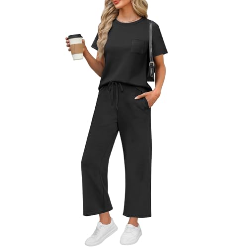 Schlagerparty Outfit Frauen Bequeme Baggy Kurzarm Und Kurz Hose Sommer Outfit Damen Mit Taschen Top Und Hose Aesthetic Clothes Lässig Zweiteiler Damen Jogginganzug Freizeitanzug（2-Black，M） von DHYUEN