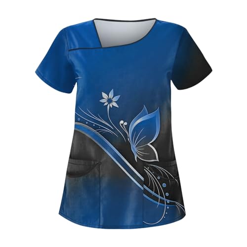 DHYUEN Schlupfhemd Damen Durchgehendem Kasacks Damen Pflege Freizeit Christmas Damen Pflege Damen Kasack Mit 2 Großen Stabilen Taschen Schlupfhose Damen（Blau,5XL von DHYUEN