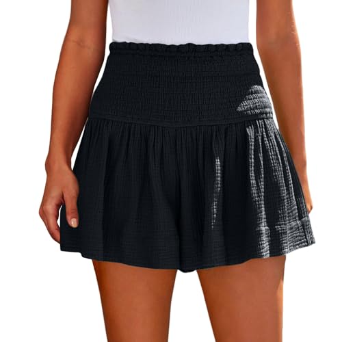 DHYUEN Shorts Damen Sport Atmungsaktive Elastisch High Waist Sportshorts Low Waist Kurz Hose Ausgestelltes Bein Strandhose Leinenhose Leicht Bermuda Shorts Damen Knielang Loungewear（Schwarz，XL） von DHYUEN