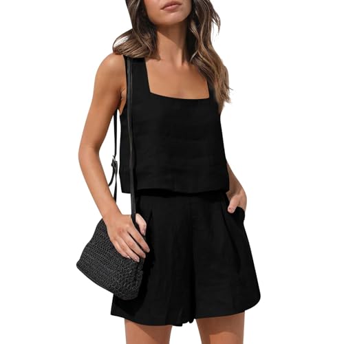 DHYUEN Sommer Set Damen Hoher Taille Ärmelloses Hosen Anzug Festliches Outfit Damen Sommer Tops Und Shorts Leinen Anzug Classic Hosenanzug Große Größen Leinenanzug Mit Taschen Sport Set(1-Black,XXL) von DHYUEN