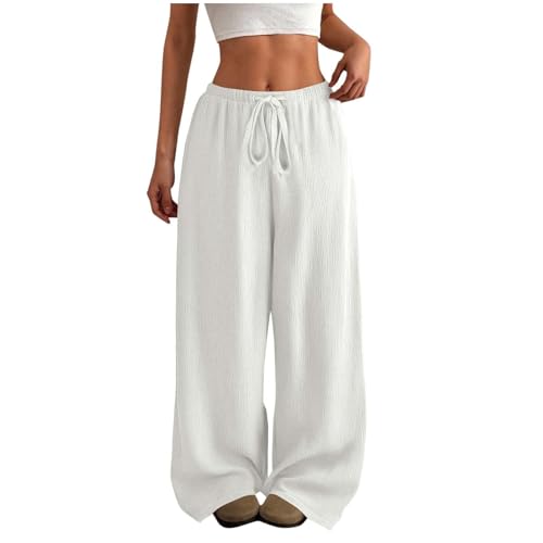 DHYUEN Sommerhosen Damen 7/8 Elegant Lässig Leinenhose Hose Weiss Damen Leicht Und Luftig Wanderhose Damenhose Atmungsaktive Marlene Hose Sommer Haremshose Casual Kurze Radlerhose(Weiß,M) von DHYUEN