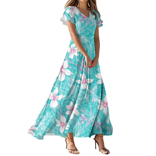 DHYUEN Sommerkleider Damen Leicht Und Luftig Basic Elegantes Frühlingskleid Weißes Kleid Lang Locker Urlaubskleid Strandkleid V-Ausschnitt Sommerkleid Damen Leicht Sommerkleider（3-Royal Blue，L） von DHYUEN