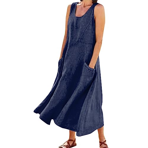 DHYUEN Sommerkleider Damen Leicht Und Luftig Lang Lose Rundhals Boho-Kleid Sommerkleider Damen Leicht Und Luftig Midi Locker Dress Chiffonkleid Vintage Sommerkleid Leicht Leinenkleid（2-Navy，XL） von DHYUEN