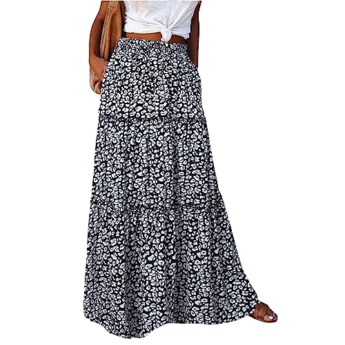 DHYUEN Sommerrock Damen Leicht Und Luftig Elastische Bund Flowy Kleider Glitter Skirt Bohemien Druck Trachtenrock Strandkleider Beach Sommerrock Damen Kurz Sommerkleid（5-Black，M） von DHYUEN