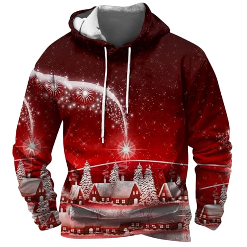 DHYUEN Sweatshirt Herren Weihnachten Oversized Hässliche Weihnachtspullover Kordelzug Weihnachten Pullover Herren Weihnachts Pullover Casual Hoodie Decke Herren Weihnachten Lang(1-Deep Red,4XL) von DHYUEN