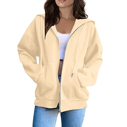 DHYUEN Sweatshirt Jacke Damen Leichte Übergangsjacke Sweatjacke Mit Kapuze Lang Zipper Laufjacke Herbstjacke Einfarbige Oversize Kapuzenjacke Reißverschluss Sport Fitness （A Beige，3XL） von DHYUEN