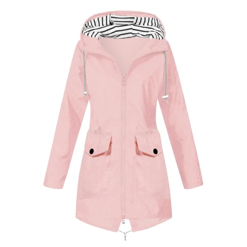 DHYUEN Übergangsjacke Damen Elegant Outdoorjacke Windbreaker Lässig Herbstjacke Herbstmantel Mit Kapuze Große Größe Teddyjacke Damen Regenparka Vintage Trainingsjacke Übergangsjacke Damen（1-Pink，L） von DHYUEN