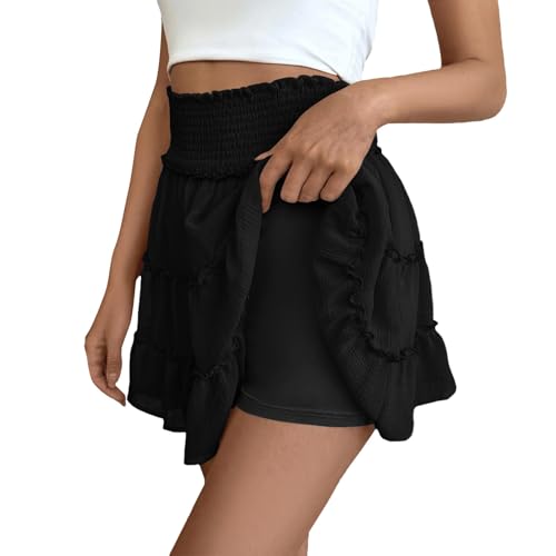 Unterrock Damen Kurz Hoher Taille Atmungsaktive Cordrock Sommerrock Lang Einfarbige Summer Dresses Wanderrock Outdoor Tenniskleid Damen Mit Hose White Dress（3-Black，L） von DHYUEN