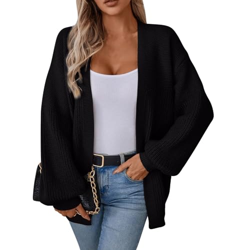 DHYUEN Weiße Strickjacke Damen Gerippt Rundhalsstrickjacke Lange Strickjacke Damen Sommer Cardigan V-Ausschnitt Strickpullover Vorne Offen Strickjacken Für Damen Lang Cover Up Jacke(4-Black,L) von DHYUEN