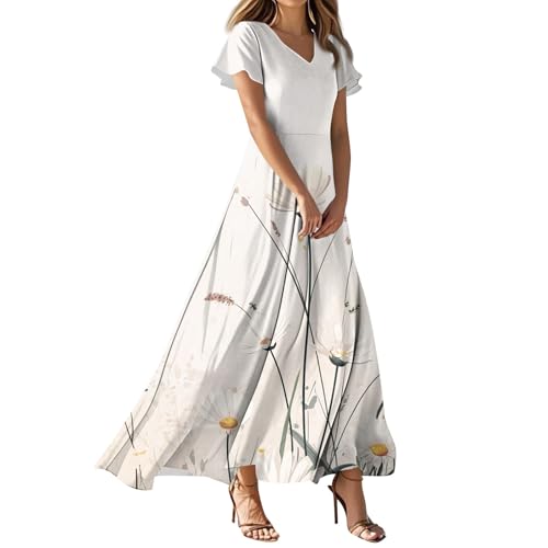 DHYUEN Weißes Kleid Elegantes Beach Urlaub Cocktailkleid Sommerkleid Damen Elegant Slim Fit Freizeitkleid Urlaubskleid V-Ausschnitt Kleid Hochzeitsgast Damen Lang Sommerkleider（4-Dark Gray，XL） von DHYUEN