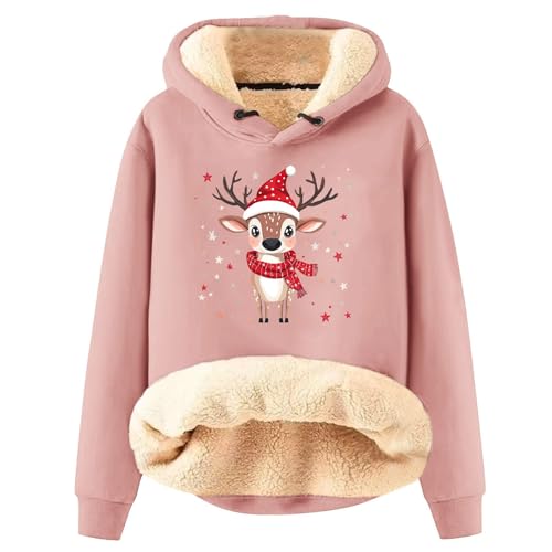 DHYUEN Winterjacke Damen Blau Mode Rentire Teddypullover Weihnachten Fleece Kapuzenpullover Sweatshirt Baumwolle Thermo Sportshirt Slim Fit (4-Pink, S) von DHYUEN