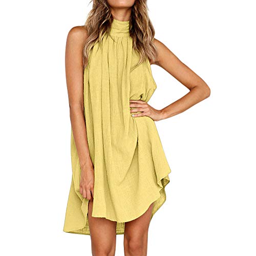 Dhyuen Damen Kleid Neckholder Midi-Hemdkleid Casual Leicht Lässiges Loose Blusenkleid Retro Damen Kleider Ärmellos Urlaubskleidung Sommerkleid Bequemer Freizeitkleid Kurzarm von DHYUEN