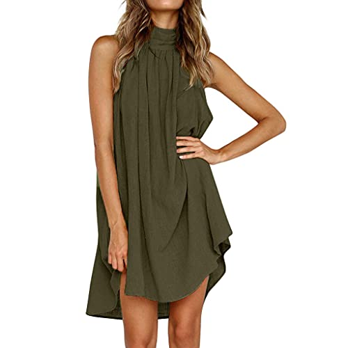 Dhyuen Damen Strandkleider Lässiges Loose Midi-Hemdkleid Bequemer Casual Leicht Sommerkleid Kurzarm Damen Kleid Ärmellos Blusenkleid Freizeitkleid Retro Urlaubskleidung Neckholder von DHYUEN