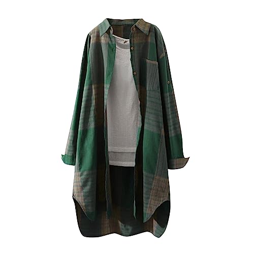Dirndlbluse Damen Lang Longbluse Tshirt Damen Lang Kariertes Hemd Grosse Grössen T-Shirts & Blusen Für Frauen Langarmshirt Blusen & Tuniken Für Damen Button Down Bluse Blusetops(13-Green,M) von DHYUEN