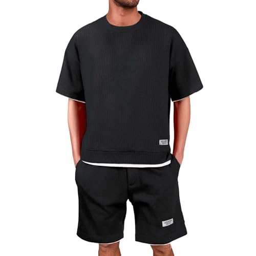 Festival Outfit Männer Stretch Cord Sommer Anzug Oktoberfest Outfit Casual Tracksuit Sport Anzug Locker Outfit Komplett Set T-Shirt Und Shorts Sommer Hawaii Outfit Herren（Schwarz，XL） von DHYUEN