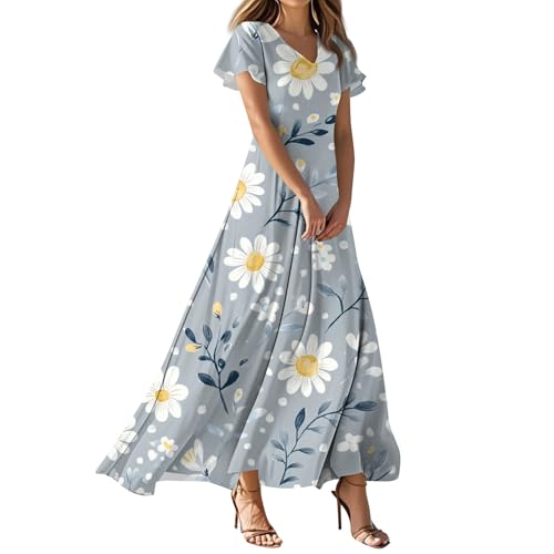 Festliche Kleider Für Damen Strand V Ausschnitt Blumenkleider Sommerkleid Maxi Blumen Elegantes Abendkleider Urlaubskleider Solide Farbe Schwarzes Kleid Lang Cocktailkleid（4-Gray，XXL） von DHYUEN
