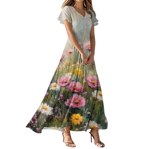 Festliche Kleider Für Damen V Ausschnitt Kurzarm Festlich Blumenkleider Strandkleid Luftig Mit Blumenmuster Boho Kleid Ballkleid Einfarbig Sommerkleid Maxi Damen Strandkleid（2-Army Green，XL） von DHYUEN