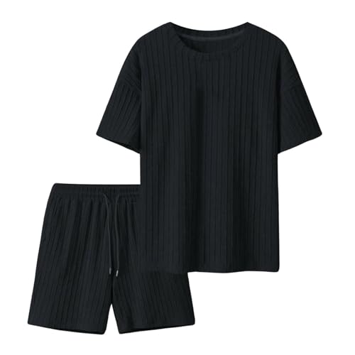 Fitness Kleidung Herren Mit Shorts Anzug Tasche Herren Freizeitanzug Mit Kurz Hose Strand Outfit Tracksuit Sommer Outfit Herren Jogginganzug T-Shirt Und Shorts Fashion Zweiteiler Leinen（Schwarz，XXL） von DHYUEN