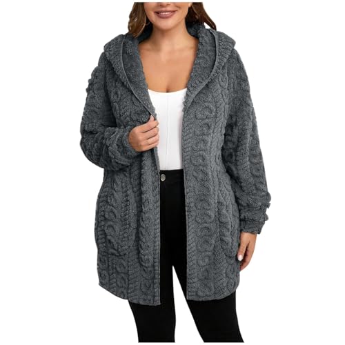 Fleecejacke Damen Ohne Kapuze Warm Longline Teddy Fleecejacke Damen Winterjacken Langer Mit Taschen Flicken Daunenjacke Sweatjacke Dicker Strickjacke Mit Kapuze Damen Jacke Herbst Damen(2-Dark Gray,M) von DHYUEN