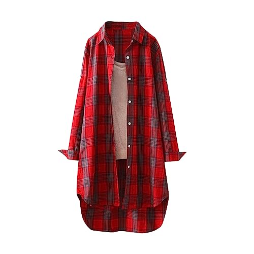 Hemdbluse Damen Lang Grosse Grössen Hemdjacke Shirt Mit Gummizug Am Saum Damen Leinenbluse Knopfleiste Hawaii Hemd Longbluse Leinenbluse Damen Oversize Flanellhemd Musselin Shirt(10-Red,3XL) von DHYUEN