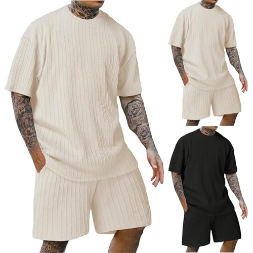 Herren T Shirt Set Stylisch Leinen Anzug Sommer Outfit Tracksuit Sommer Traningsanzuganzug Strand Outfit Leinen Anzug Jogginganzug Freizeitanzug Freizeit Zweiteiler Herren（Beige，XXL） von DHYUEN