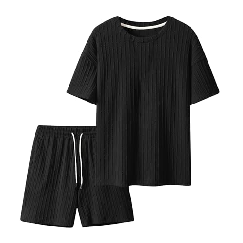 Herren Tshirt Set Mit Druck Anzughose Jogginganzug Herren Set Party Outfit Leicht Kurze Hosen + T Shirt Set Clothes Herren Zweiteiler Sommer Leinenanzug Loungewear Sommerkleidung Herren(4-Black,XL) von DHYUEN
