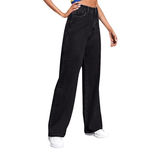 Jeans Damen High Waist Weites Bein Freizeit Relaxed Fit Outdoorhose Damen Jeans Gerades Bein Baggy Denim Hüftjeans Damen Schlaghose Mode Schwarze Jeans Damen High Waist Baggy-Jeans(1-Black,4XL) von DHYUEN