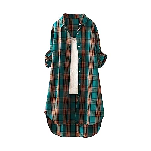 Jeansbluse Damen Lang Lang Musselin Shirt Longbluse Damen Lässig Für Leggings Hawaii Hemd Revers Strandshirts Leinenblusen Shirt Mit Gummizug Am Saum Damen Streifenbluse Karohemd(10-Green,XXL) von DHYUEN