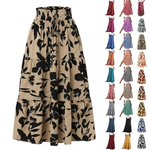 Langer Rock Damen Bohemien Bohemien Druck Freizeitrock Sommerrock Leicht Elastische Bund Röcke Langrock Mit Taschen Maxi Rock Damen Lang Boho Hosenrock（7-Khaki，XL） von DHYUEN