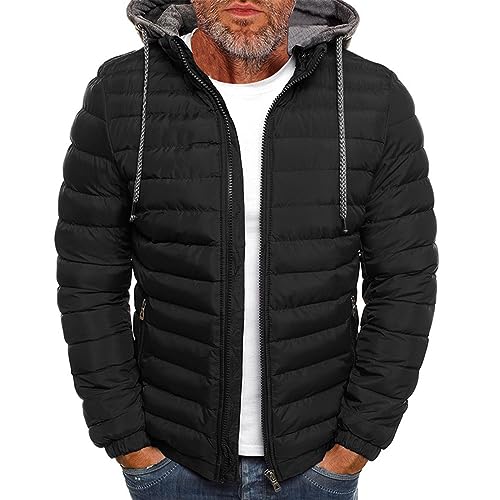 Leichte Steppjacke Herren Herbst Winter Herren Winterjacken Kapuze Steppjacke Herren Übergangsjacke Winterjacke Herren Windbreaker Herren Winterjacke Locker Lederjacke Herren Echtleder(1-Black,L) von DHYUEN