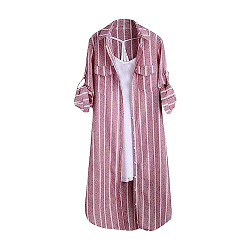Leinenbluse Damen Lose Flanellhemd Lange Tshirts Damen Leinenbluse Einfrabige Damenblusen T-Shirts & Blusen Für Frauen Große Größen Damen Oberteile Karierte Bluse Holzfällerhemd(12-Red,XL) von DHYUEN