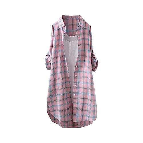 Leinenbluse Damen Sommer Modisches Leinenblusen Lange Oberteile Für Leggings Langarmshirt Grosse Grössen Tunika Tops Button Down Shirts Longbluse Damen Elegant Blusentops Sommerbluse(5-Pink,3XL) von DHYUEN