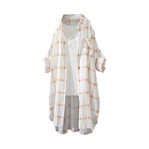 Longbluse Damen Elegant Modisches Button Down Shirts Damen Blusen Hawaii Hemd Leichte Damenblusen Leinenbluse Blusenshirt Damen Blusetops T-Shirts & Blusen Für Frauen(6-Yellow,M) von DHYUEN
