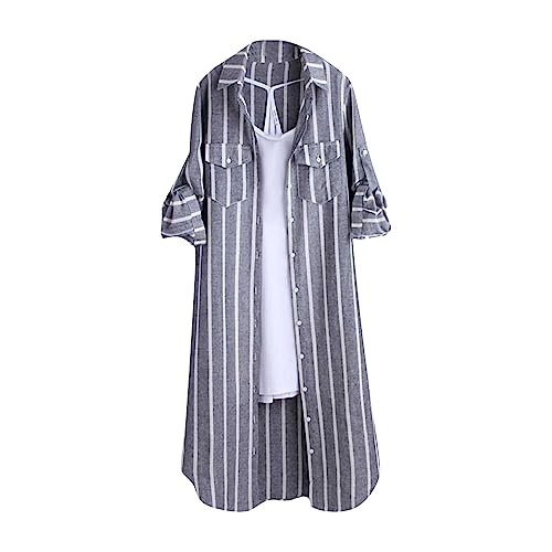Longbluse Damen Lässig Für Leggings Oversize Hawaii Hemd Leinenbluse Damen Sommer Button Down Shirts Locker Blusetops Streifenbluse Hemdbluse Damen Lang Leinenbluse Trachtenbluse(12-Gray,L) von DHYUEN