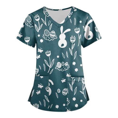 DHYUEN Lustig Ostern Kasacks Leicht Schlupfhose Damen Weiß Kurzarm Berufsbekleidung Pflege Arbeitskleidung Pflege Damen Regular Fit Kasack Herren Pflege Günstig Berufskleidung Pflege Hosen（1-Navy，XL） von DHYUEN