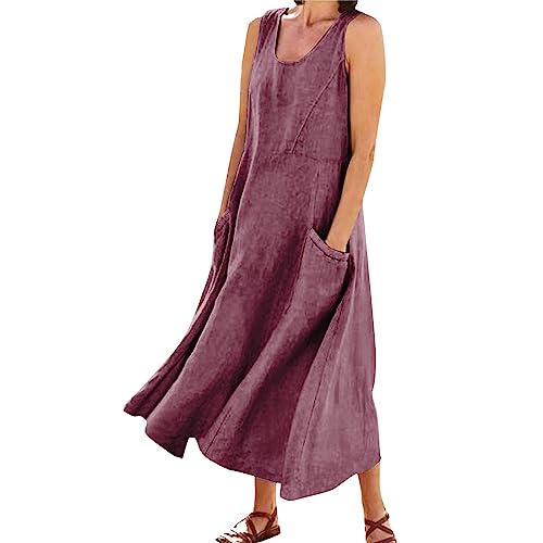 Maxikleid Damen Einfarbige Rundhals Maxikleid Kleid Festlich Damen Hochzeitsgast Spaghettiträger Pareos & Strandkleider Maxikleider Mit Taschen Sommerkleider Mädchen Freizeitkleider（2-Hot Pink，5XL） von DHYUEN