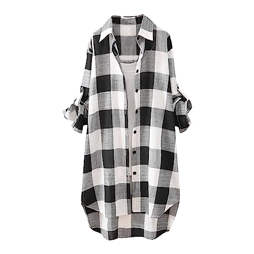 Mittelalter Bluse Damen Sommer Jeansbluse Lange Tshirts Damen Blouse Mit Taschen Damenblusen Button Down Bluse Angebote des Tages Heute T-Shirts & Blusen Für Frauen Holzfällerhemd(9-Black,XXL) von DHYUEN