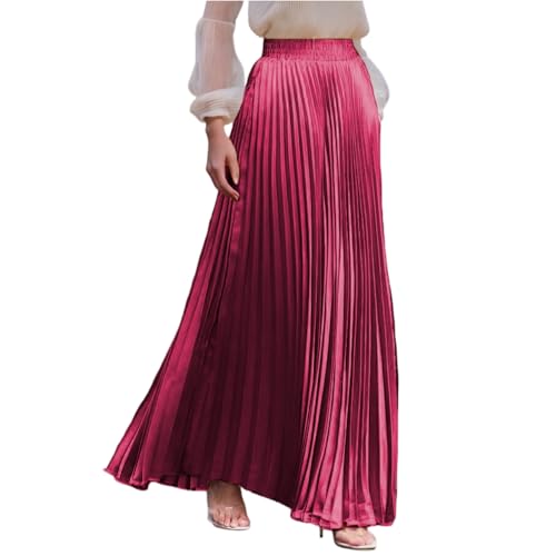 Mittelalter Rock Damen Casual Mittelalter Tennis Rock Weißer Sommerrock Einfarbig Maxi Skirt Bleistiftrock Elegant Plissee Rock Abendkleid Großer Saum Faltenrock Damen Lang(2-Hot Pink,M) von DHYUEN