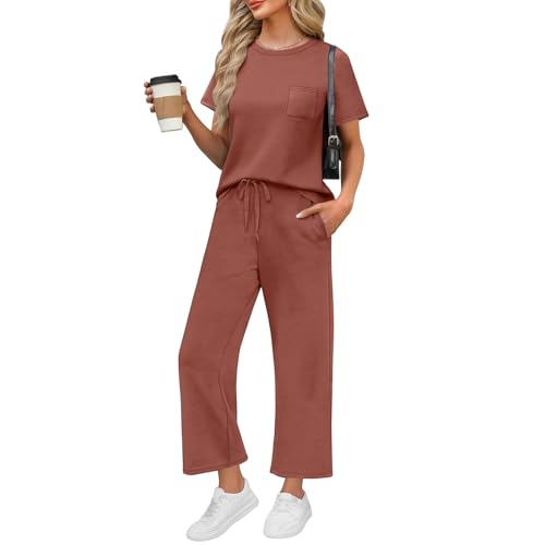 Musselin Zweiteiler Damen Locker 2025 Jogging Anzug Hosenanzug Damen Festlich Elegant 2 Teilig Hochzeit Y2k Jogginganzug Schlafanzug Sommer Musselin Zweiteiler Hosenanzug（2-Light Brown，XXL） von DHYUEN