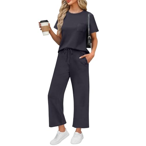 Outfit Hochzeitsgast Damen Mit Taschen Atmungsaktive Kurzarm Und Kurz Hose Hosenanzug Festlich Elegant Bequeme Damenanzug Freizeitanzug Leichte Hip Hop Outfit Damen Sport Anzug（2-Navy，S） von DHYUEN