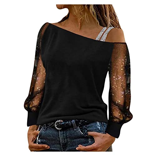Pailletten Oberteil Damen One Shoulder Vintage Tunika Outfit Silvester Damen Große Größen Moder Oversize Pullover Damen Glitzerbluse Silvester Pullover Mit Glitzer Damen Pullover Damen（2-Black，M） von DHYUEN