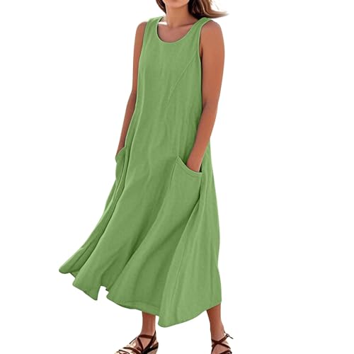 Pareos & Strandkleider Für Damen Blumendruck Baggy Leinenkleid Dresses for Women Elegant Atmungsaktive Summer Dress Blumenkleid Einfarbige Maxi Dresses for Women Pareos & Strandkleider（1-Green，XL） von DHYUEN
