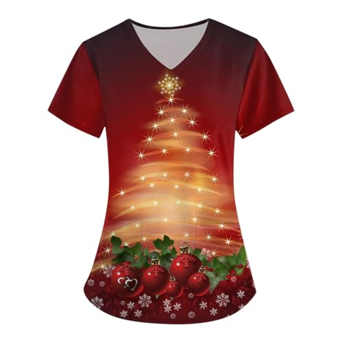 Pflege Kasack Damen Gesundheitswesen Bluse Damen Medizinische Berufskleidung Christmas Damen Pflege Weihnachten Krankenhaus Schlupfhemd V-Ausschnitt Christmas Damen Pflege Damen(2-Deep Red,4XL) von DHYUEN