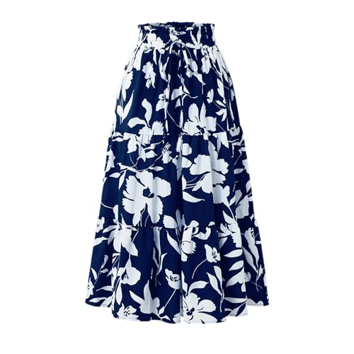 Plissee Rock Damen Lang Bohemien Druck Sommer Kleider Langer Rock Plissee Trachtenrock Faltenrock Casual Sommerrock Damen Leicht Und Luftig Strandkleid（7-Navy，L） von DHYUEN