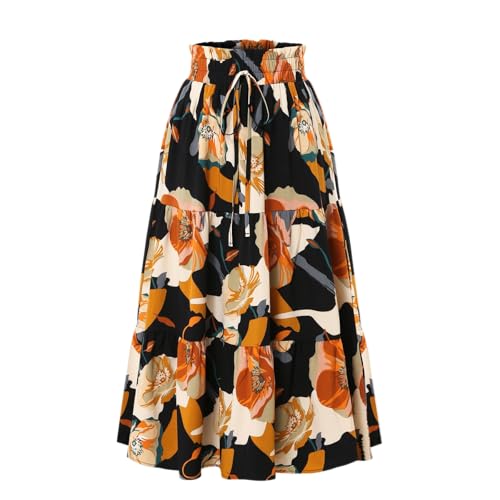 Plissee Rock Damen Lang Elastische Bund Lose Sommerkleid Damen Sommerrock Boho Elegant Strandkleid Tüllrock Bohemien Druck Langer Rock Maxi Skirt Strandkleider（6-Black，M） von DHYUEN