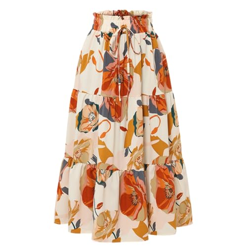 Plissee Rock Damen Lang Mit Taschen Hohe Taille Faltenrock Sommerrock Damen Knielang Kordelzug Strandkleid Strandkleider Elegant Plissee Rock Midi Skirt（6-Orange，M） von DHYUEN