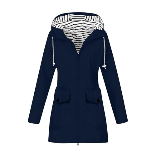 Regenmantel Damen Lang Fashion Übergangsjacke Regenanzug Damen Günstig Softshelljacke Regenmantel Warmer Warme Cordjacke Damen Bikerjacke Lässig Winterjacke wasserdichte Regenjacke（3-Navy，XL） von DHYUEN