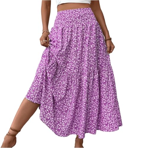 Rock Damen Lang Lässig Bohemien Druck Hosenrock Sommer Rock Damen Elastische Bund Strandkleider Tüllrock Flowy Sommerrock Leicht Und Luftig Strandrock（8-Purple，M） von DHYUEN